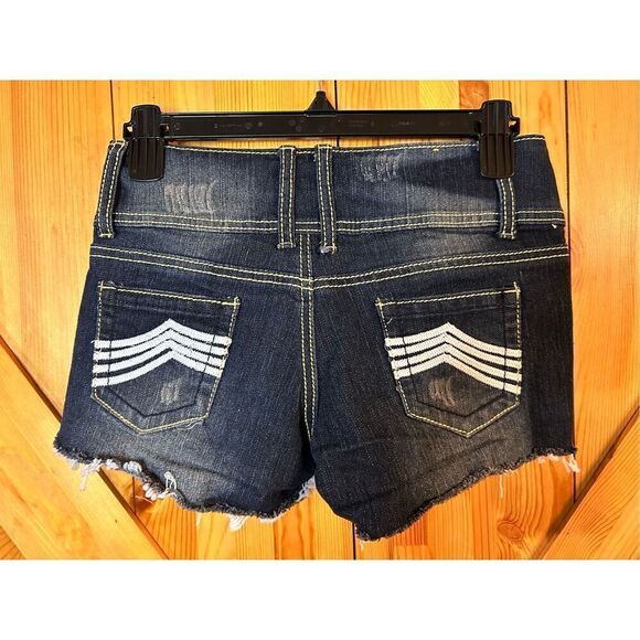 Rue 21 Shorts Dark Wash Stretchy Distressed Raw Hems Size 0/1 (3861) - Picture 2 of 3